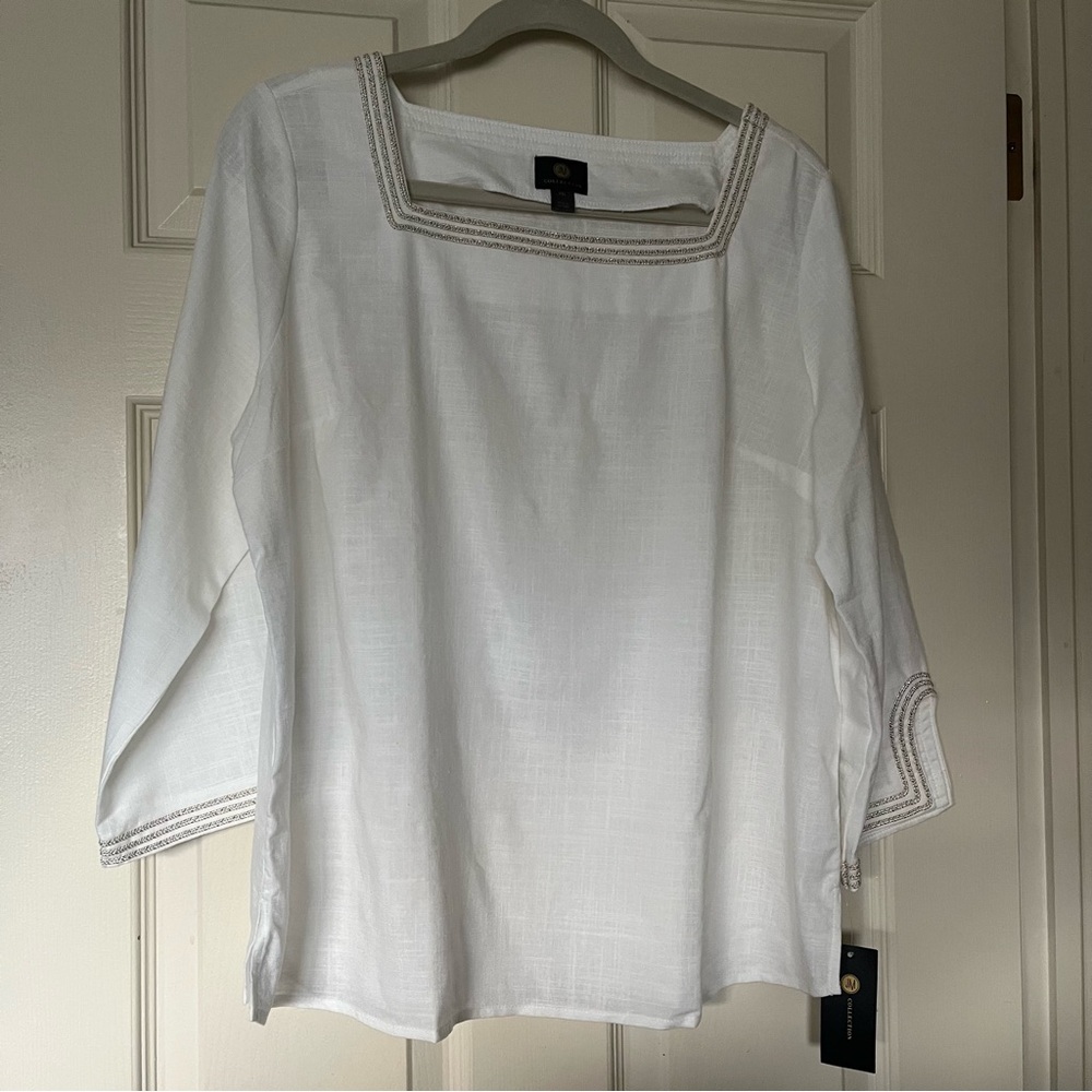 JM Collection NWT Petite XL White Square-Neck Rope-Trim 3/4-Sleeve Top